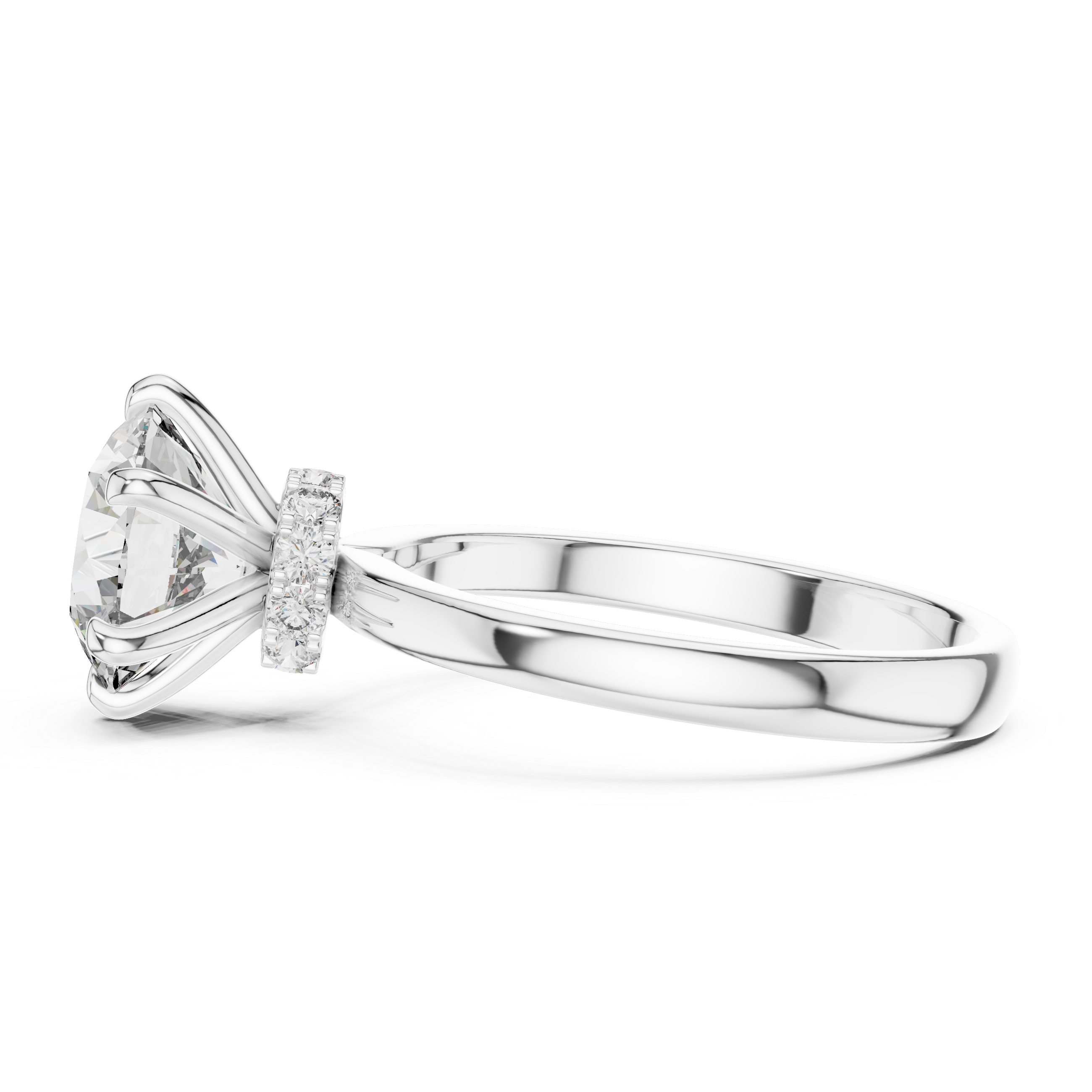 Silver ring with a large diamond and smaller diamonds on a white background